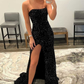 Sequin Strapless Mermaid Long Black Slit Prom Dress SH282
