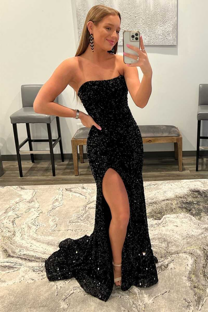 Sequin Strapless Mermaid Long Black Slit Prom Dress SH282