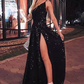 Glitter One Shoulder Front Split Long Black A-line Evening Dress Prom Dresses SH283