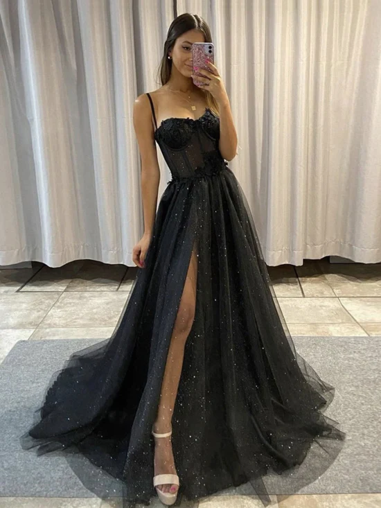 Black sweetheart neck tulle long prom dress, black tulle evening dress ...