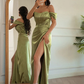 Sheath/Column Elastic Woven Satin Ruched Off-the-Shoulder Sleeveless Floor-Length Prom Dress SH291
