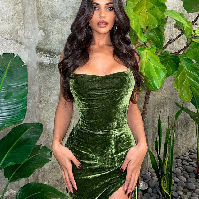 Velvet Backless Bandage Green Slip Dress Prom Dress SH293
