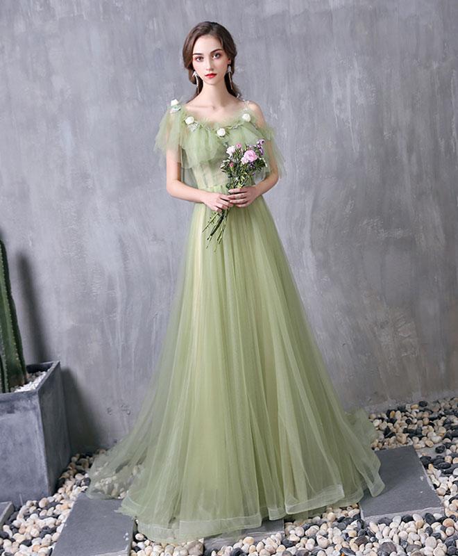 Green Tulle Lace Long Prom Dress Green Evening Dress SH317