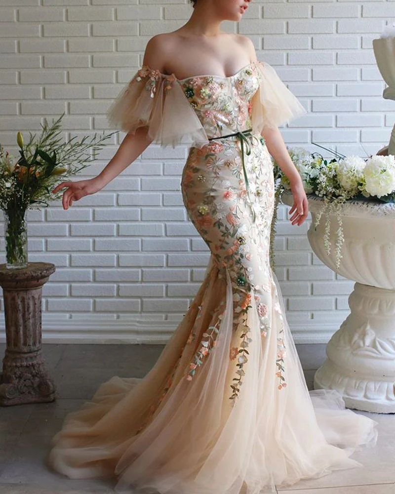 Off The Shoulder Mermaid Tulle Prom Dresses With Appliques Lace Up SH320