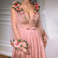 Beautiful Long Sleeves V Neck 3D Flowers Pink Prom Dresses Formal Dress SH322
