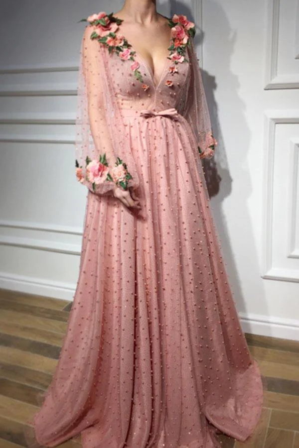 Beautiful Long Sleeves V Neck 3D Flowers Pink Prom Dresses Formal Dress SH322