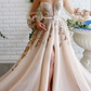 Long Sleeve Lace Appliques Beading Sequins A Line Beading Sequins Crystal Prom Dress Evening Gowns SH323