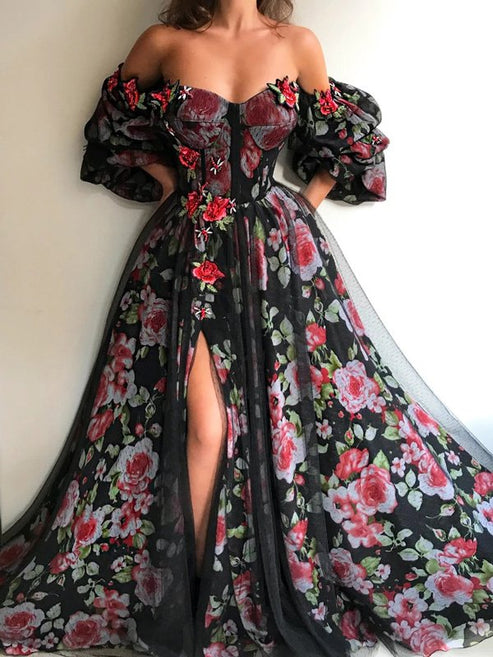 Prom Dresses Stores A-Line/Princess Scoop Long Sleeves Floor-Length Evening Dress with Split Side Prom Dress Formal Women's Dresses main image 1