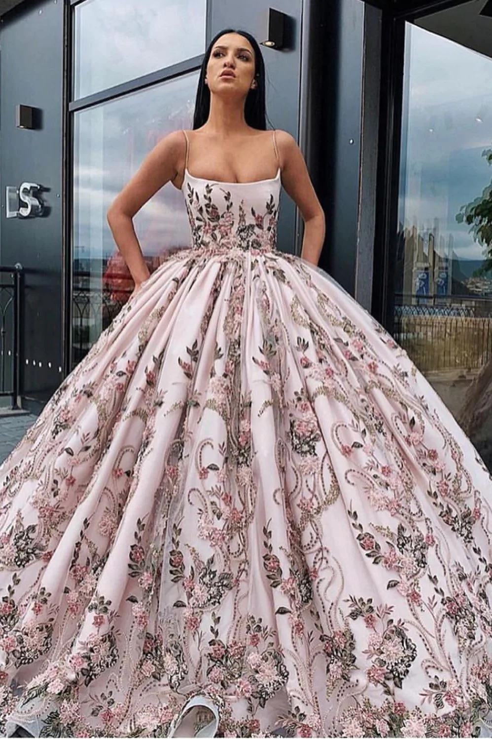 Princess Ball Gown Spaghetti Straps Beads Floral Print Prom Dresses Long Quinceanera Dress SH328