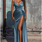 V Neck Green Satin Ruched Crystals Prom Dress SH332