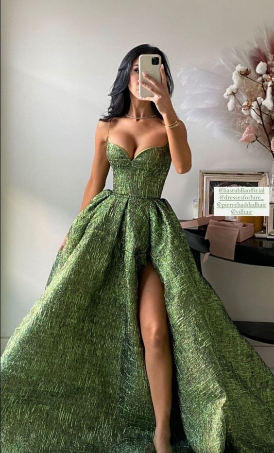 Vintage Spaghetti Straps Green Prom Dress Long Prom Dresses SH343