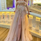 Elegant Champagne tulle corset prom dresses off the shoulder with sequin lace embroidery SH348