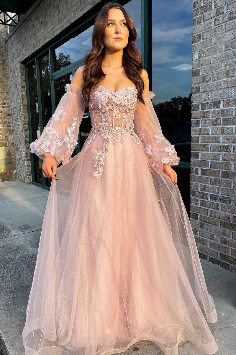 Pink Tulle Strapless Puff Sleeve A-Line Prom Dress SH356