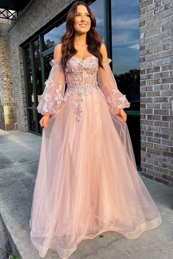 Pink Tulle Strapless Puff Sleeve A-Line Prom Dress SH356