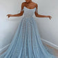 Elegant Light Blue Tulle Sequins Evening Dress Strapless Long Prom Dress SH375