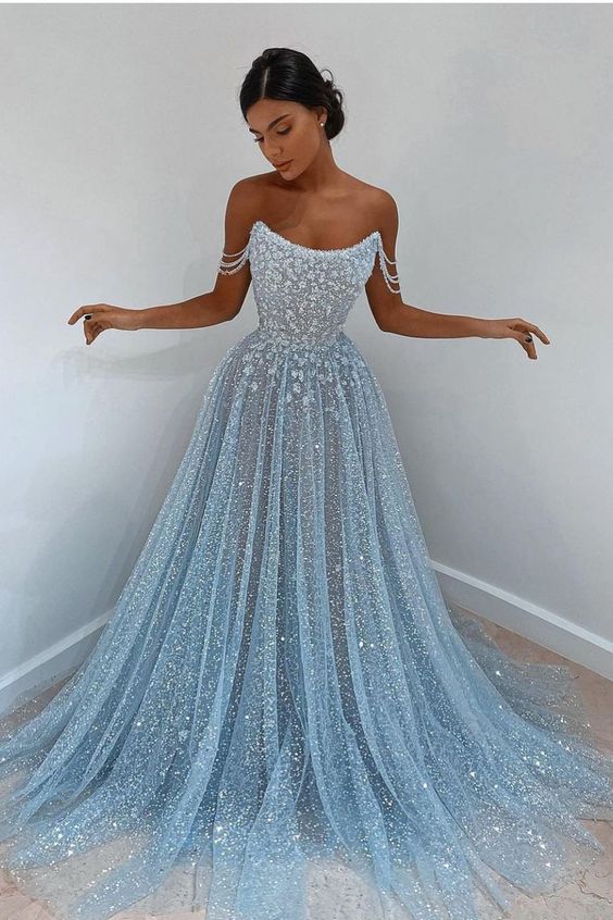 Elegant Light Blue Tulle Sequins Evening Dress Strapless Long Prom Dress SH375