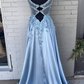 Light Blue A-line 3D Flowers Satin Long Prom Dress SH385