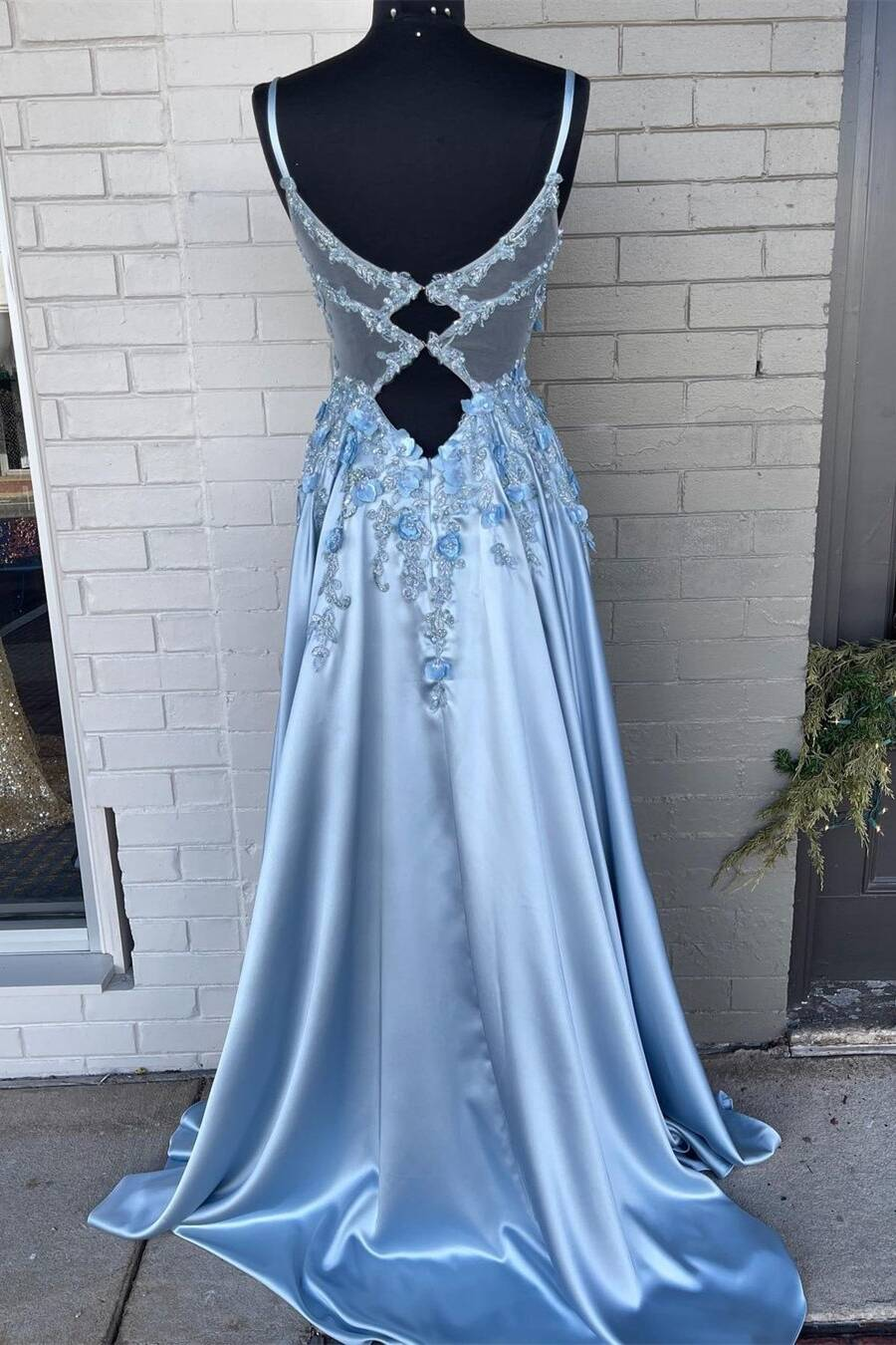 Light Blue A-line 3D Flowers Satin Long Prom Dress SH385