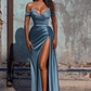 V Neck Pleats Off-the-Shoulder Dusty Blue Mermaid Prom Dresses SH387
