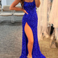 Royal Blue Sequin Sparkly Mermaid Black Girls Slay Elegant Evening Modest Long Prom Dresses SH391