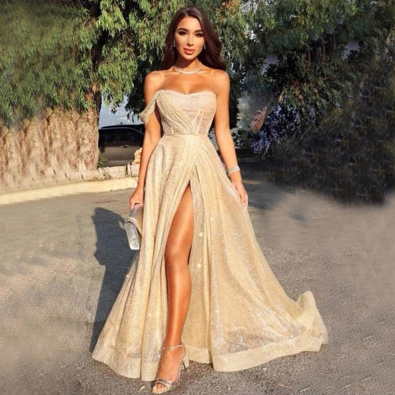 Champagne Gold A-Line Cheap Sequin Elegant Formal Long Prom Dresses SH