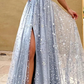 Stunning A Line Spaghetti Strap Star Sequin Tulle Long Prom Dress Evening Dress with Slit SH393