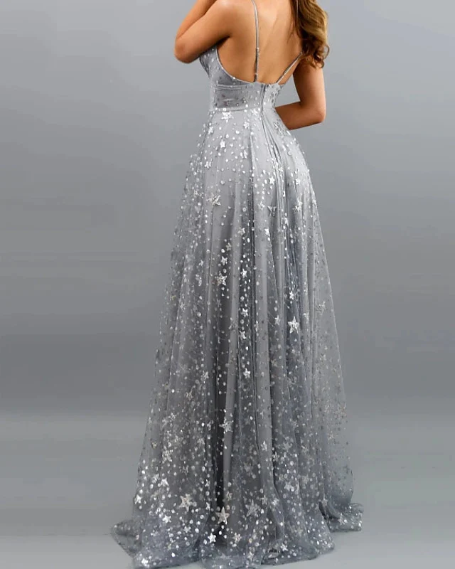 Spaghetti Long A-line Silver Sequin Tulle Prom Dresses, Side Slit Prom Dresses SH393