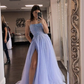 Lavender prom dresses beaded spaghetti straps long evening dress with side slit SH395