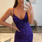 Women's Spaghetti Straps Purple Sequins Sparkly Prom Dress with Slit, V Neck Mermaid Purple Formal Graduation Evening Dresses SH401