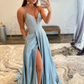 Blue satin long prom dress A line evening dress SH403