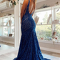 Plunge Royal Blue Sequins Mermaid Long Evening Dress SH407