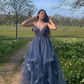 GRAY BLUE V NECK TULLE LACE LONG PROM DRESS BLUE FORMAL DRESS SH408