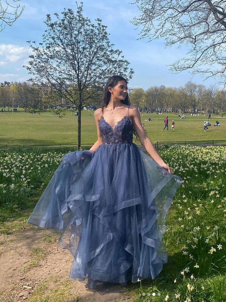 GRAY BLUE V NECK TULLE LACE LONG PROM DRESS BLUE FORMAL DRESS SH408