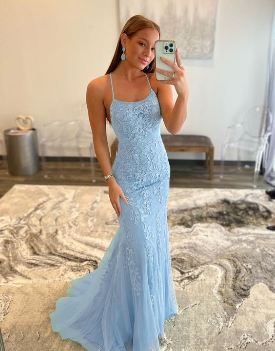 Mermaid Applique Long Prom Dress Backless Evening Dress SH410