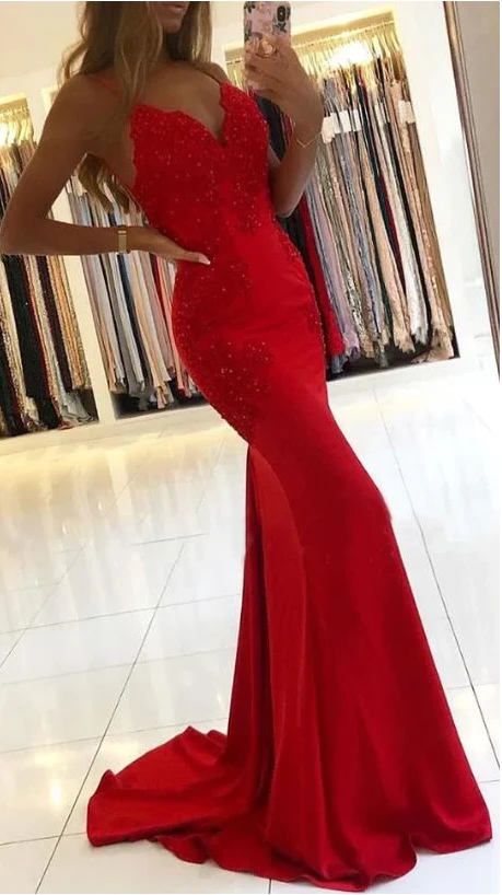 Red Mermaid Long Prom Dresses with Appliques and Beading SH412