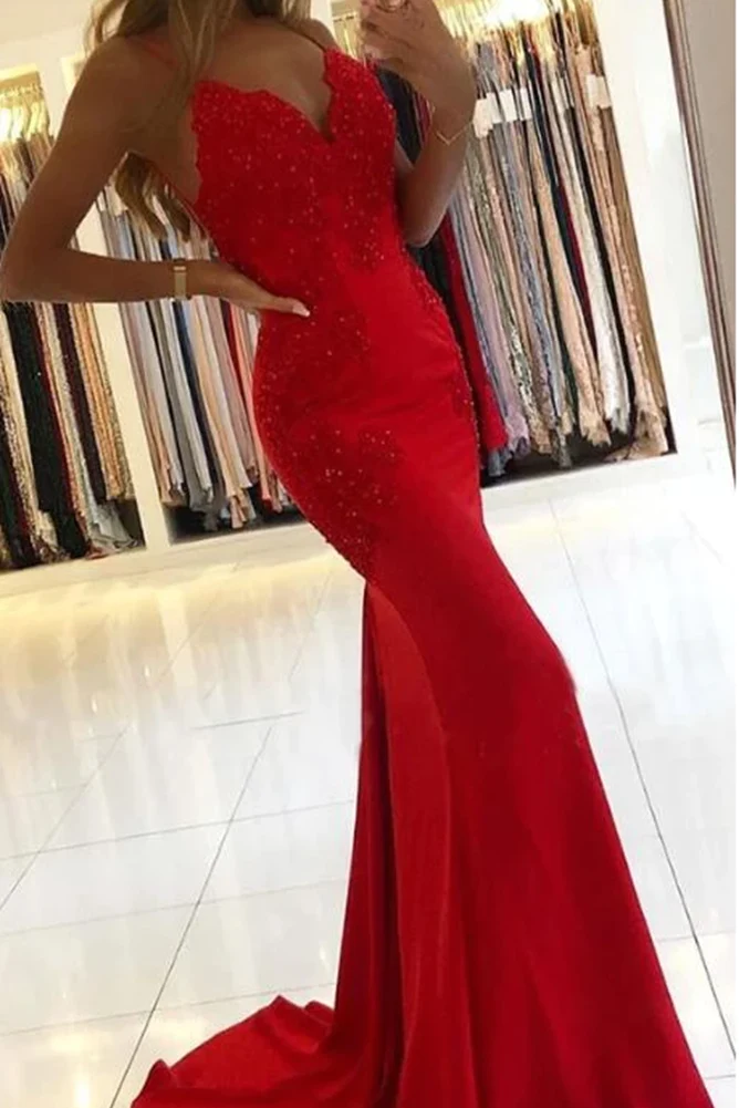 Red Mermaid Long Prom Dresses with Appliques and Beading SH412