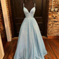 Simple Blue V Neck Sequin Long Prom Dress,A Line Blue Evening Dress SH413