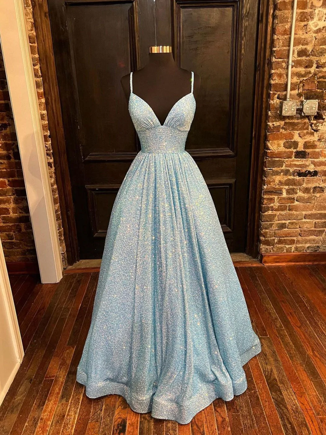 Simple Blue V Neck Sequin Long Prom Dress,A Line Blue Evening Dress SH413
