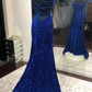 Blue sequins long prom dress mermaid evening dress SH418