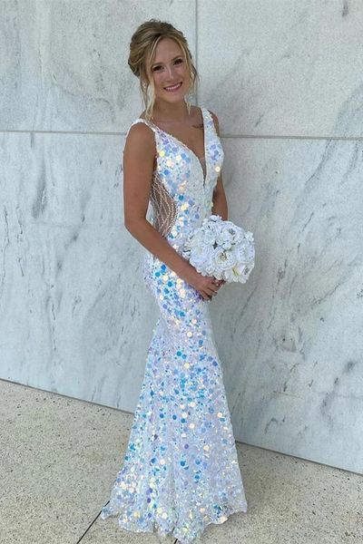 Sparkle white sequin prom dresses mermaid evening dress,v back prom dress SH420