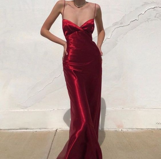 Sexy Sheath V Neck Spaghetti Straps Red Satin Long Prom Evening Dress SH426
