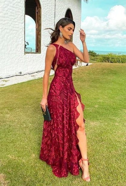 Elegant Mermaid One Shoulder Burgundy Lace Long Prom Dress with Slit SH431