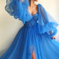 Embroidered Corset Puffy Sleeve Mesh Tulle Ball Gown Thigh Split Bridesmaid Dress SH433
