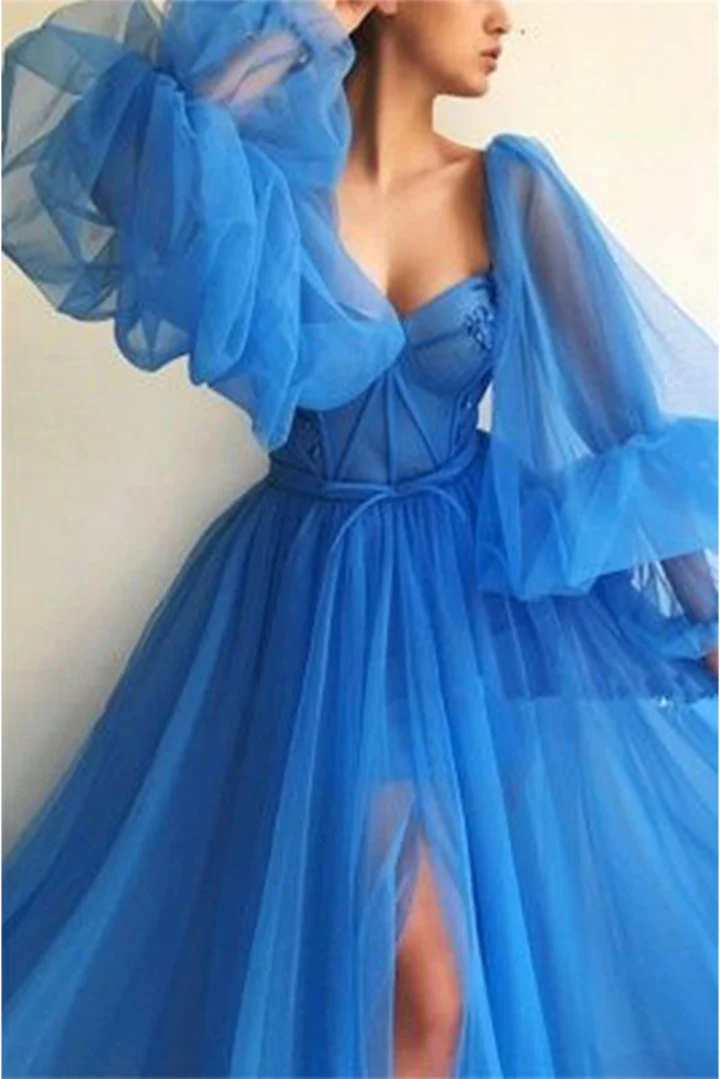 Embroidered Corset Puffy Sleeve Mesh Tulle Ball Gown Thigh Split Bridesmaid Dress SH433