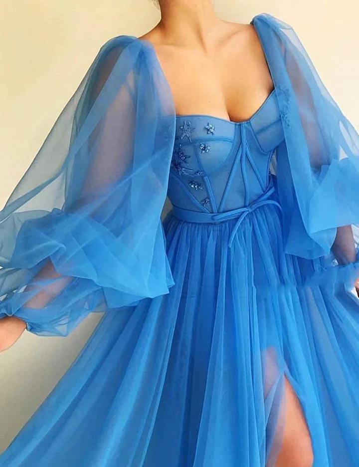 Embroidered Corset Puffy Sleeve Mesh Tulle Ball Gown Thigh Split Bridesmaid Dress SH433