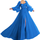 Embroidered Corset Puffy Sleeve Mesh Tulle Ball Gown Thigh Split Bridesmaid Dress SH433