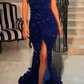 Sparkle Sequin Royal Blue Mermaid Slit One Shoulder Prom Dresses SH436