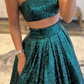 Emerald Green Sequins Two Piece Prom Dress with Pockets SH437