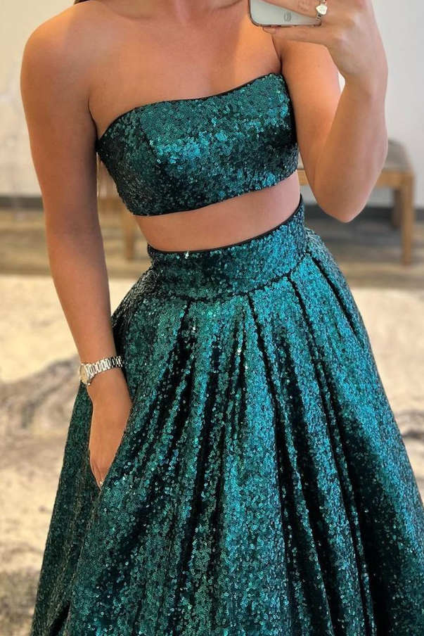 Emerald Green Sequins Two Piece Prom Dress with Pockets SH437