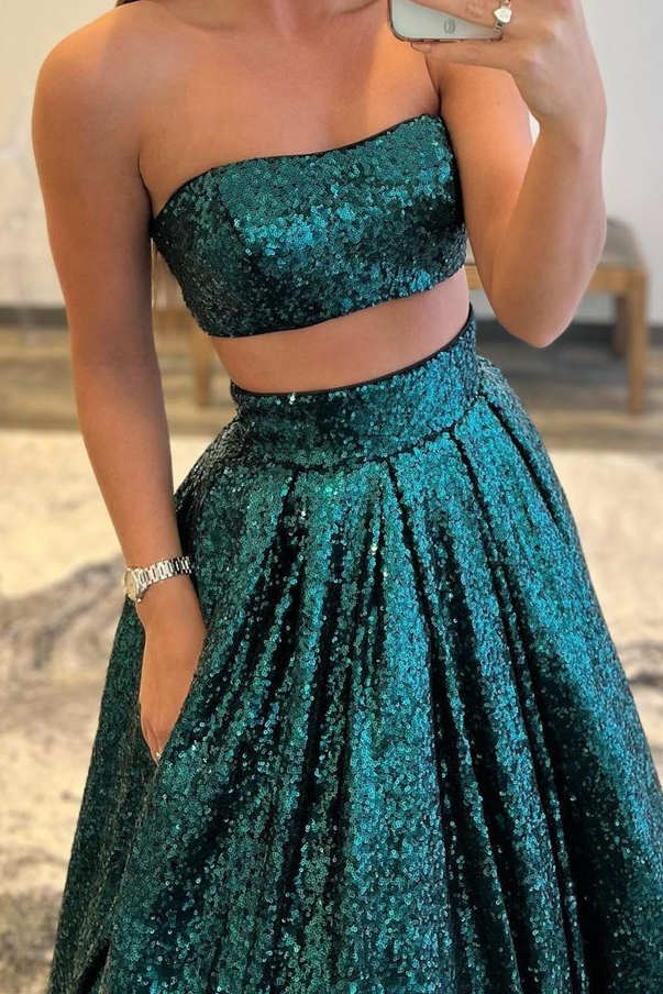 Emerald Green Sequins Two Piece Prom Dress with Pockets SH437 Emerald Green Sequins Two Piece Prom Dress with Pockets SH437